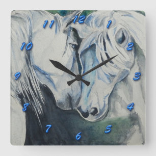 Paardenklok - Waterverf stijl met blauwe nummers Vierkante Klok