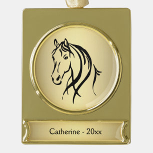 Paardenkop op Gold Name en Year Verguld Banner Ornament