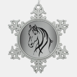 Paardenkop op zilver tin sneeuwvlok ornament