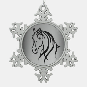 Paardenkop op zilver tin sneeuwvlok ornament