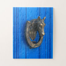 Paardenmessing op Blauw | Vintage Deurklopper Kuns