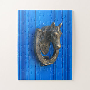 Paardenmessing op Blauw Vintage Deurklopper Kuns Legpuzzel