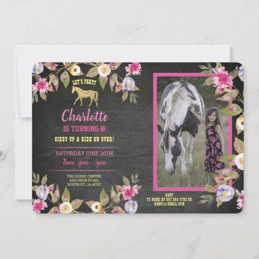 Paardenpartij Floral Chalk Pony roze uitnodiging (Voorkant)