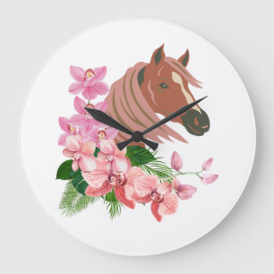 Paardenportret met orchideeënbloemen grote klok