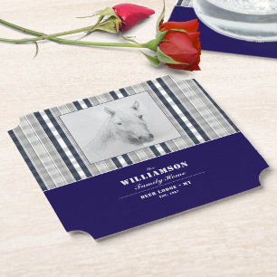 Paardenportret Navy Blue Geruite Gepersonaliseerde Kartonnen Onderzetters