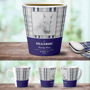 Paardenportret Navy Blue Geruite Gepersonaliseerde Latte Mok