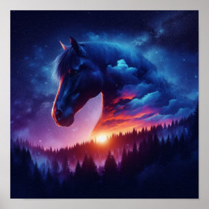Paardensilhouet in een zonsondergang boslandschap poster