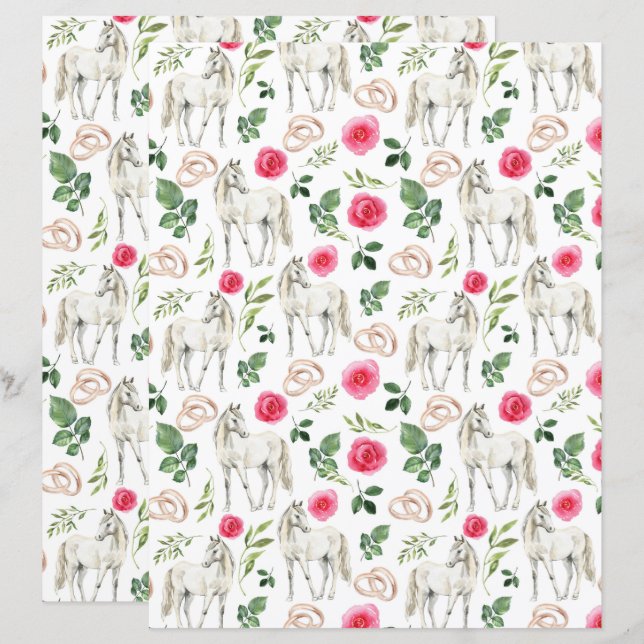 Paardensport Roze Bloemen Bruiloft Scrapbook Papie (Voorkant / Achterkant)