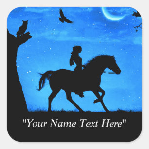 PaardenSticker met Girl Riding and Owl Whimsical Vierkante Sticker