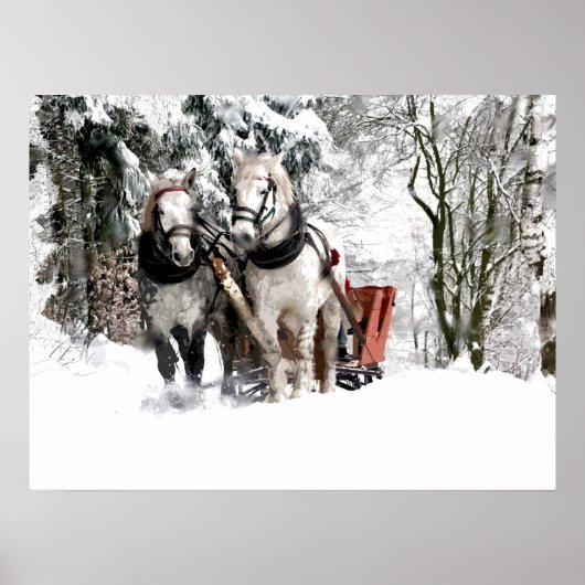 Paardenteam Sleigh Ride door sneeuwige Bossen Poster (Voorkant)