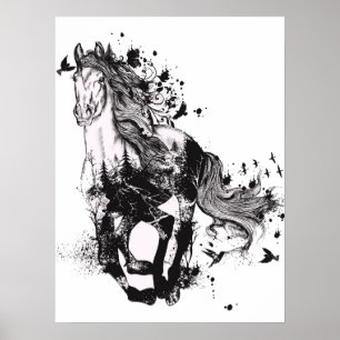 Paardentekening en Abstracte Natuur Poster