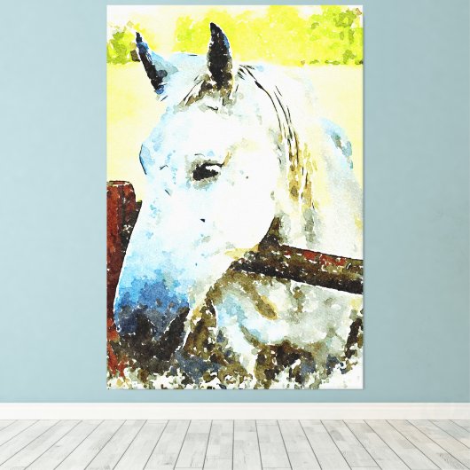 *~* Paardenwit Paard over Houten Omheining AR22 Canvas Afdruk (Insitu (Houten vloer))