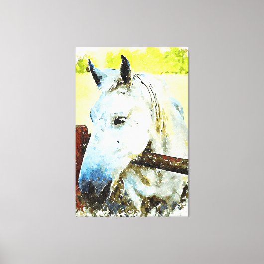 *~* Paardenwit Paard over Houten Omheining AR22 Canvas Afdruk (Voorkant)