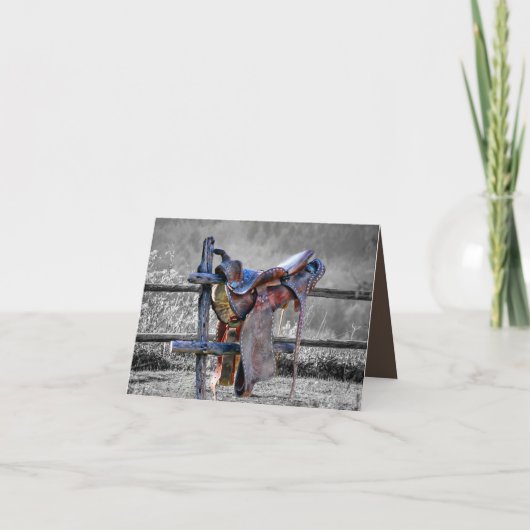 Paardenzadels op korraalhek Western Notitiekaartje (Voorkant)