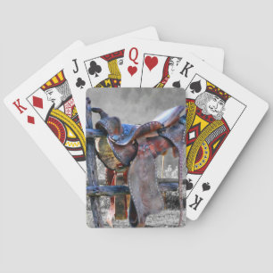 Paardenzadels op korraalhek Western Pokerkaarten