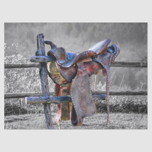 Paardenzadels op korraalhek Western Tissuepapier (Voorkant)