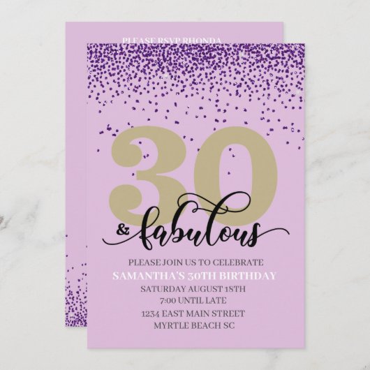 Paars 30 en uitnodiging van de partij van Fabulous (Voorkant / Achterkant)