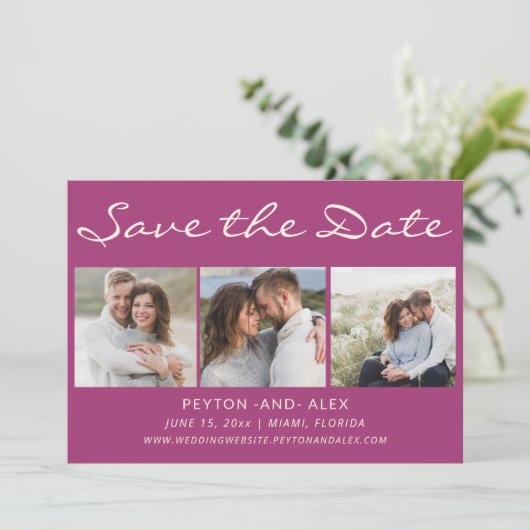 Paars 4-foto 2-zijdige huwelijksaankondiging save the date (Staand voorkant)