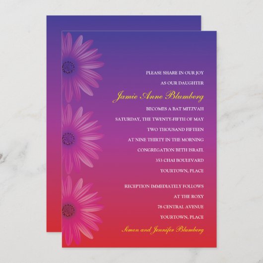 Paars aan Red Ombre Daisy Bat Mitzvah Kaart (Voorkant / Achterkant)