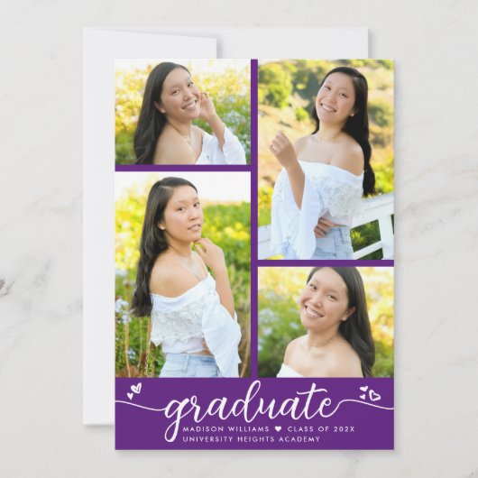 Paars Afstuderen 4 Foto modern script Aankondiging (Voorkant)