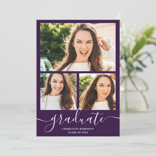 Paars afstuderen script 3 foto's afstuderen kaart (Staand voorkant)