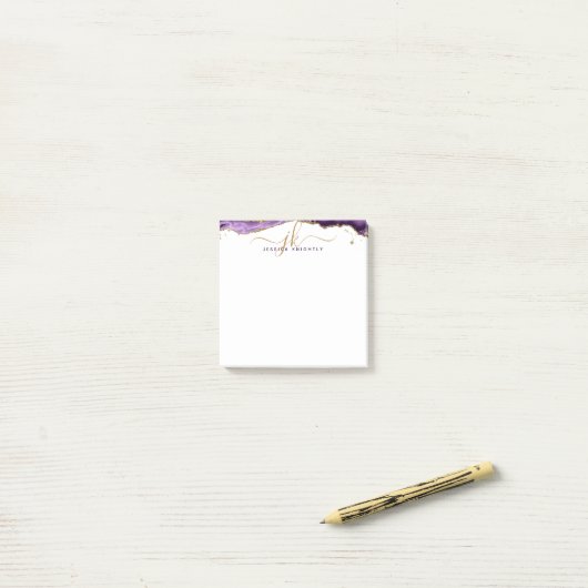 Paars-Agate Geode Gold Glitter-script monogram Post-it® Notes (Op bureau)