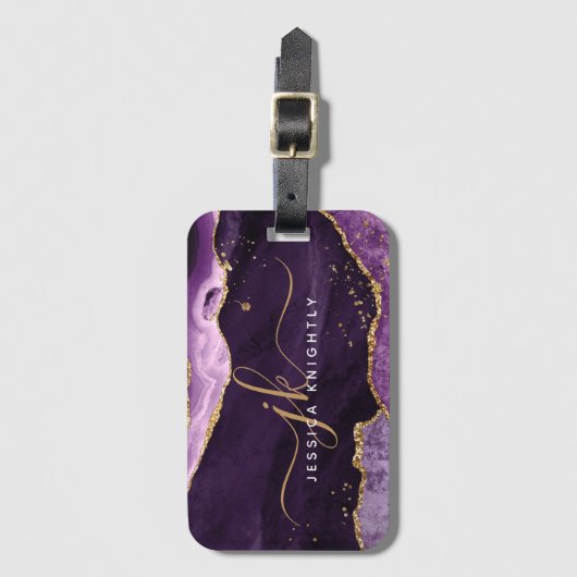Paars-Agate Geode Gold-monogram Bagagelabel (Voorkant (verticaal))