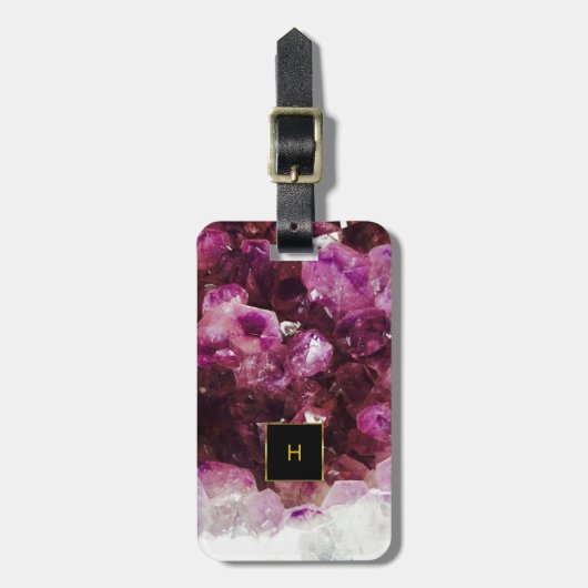 Paars amethyst goud, monogrammen elegant bagagelabel (Voorkant verticaal)