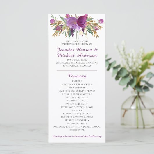 Paars Amethyst Gouden Glitter Huwelijksprogramma Programma (Staand voorkant)