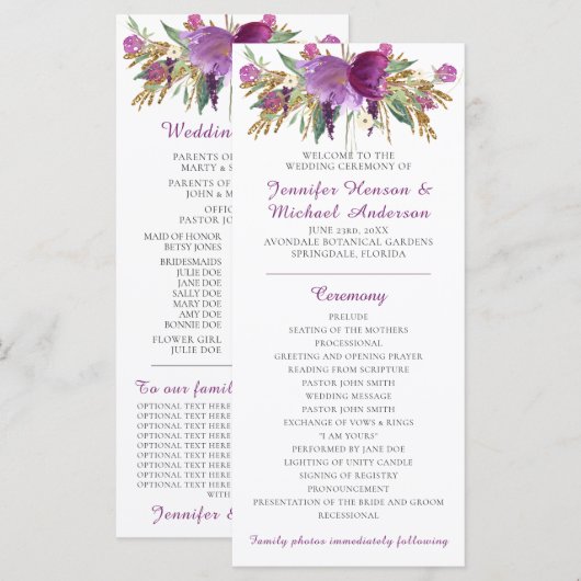 Paars Amethyst Gouden Glitter Trouwprogramma Programma (Voorkant / Achterkant)