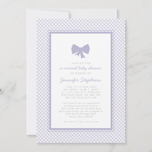 Paars baby shower van de boog van Gingham Kaart (Voorkant)