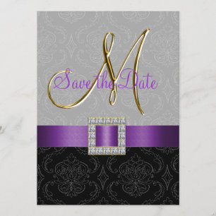 Paars Black Damask Gold Initiaal Save the Date