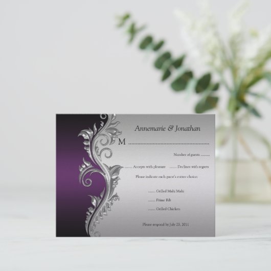 Paars Black en Silver Floral RSVP (Staand voorkant)