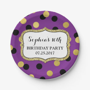 Paars Black Gold Confetti Birthday Party Bord