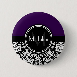 Paars Black White Damask Monogram Letter Ronde Button 5,7 Cm