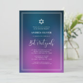Paars Blau Gradiënt & Frame Bat Mitzvah Feest Kaart (Staand voorkant)