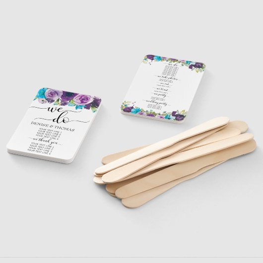 Paars Blauw Aquarel Bloemachtig Trouwprogramma Han Handwaaier (Niet-gemonteerd)