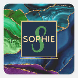 Paars, blauw en groen Faux Gold Glitter Agate Vierkante Sticker