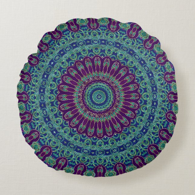Paars, blauw en groen Mandala Rond Kussen (Voorkant)