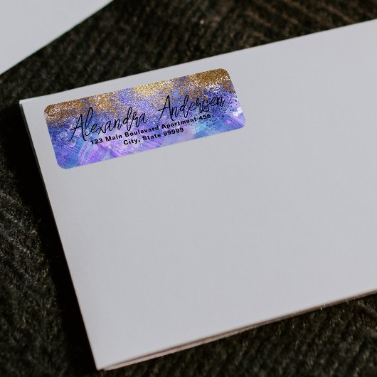 Paars blauw goudglitter artistiek modern glam etiket