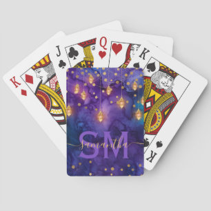 Paars & Blauw Lantaarn Gloei Monogram Pokerkaarten