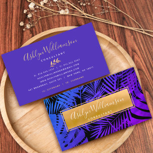 Paars blauw ombre tropisch palm gouchic script visitekaartje