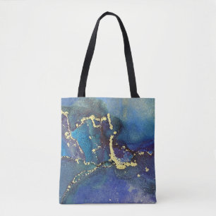 Paars Blauw Teal en Goud Abstracte Vloeibare Kunst Draagtas