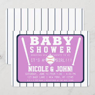 Paars Blauw Wit Strepen Honkbal Baby Shower Kaart