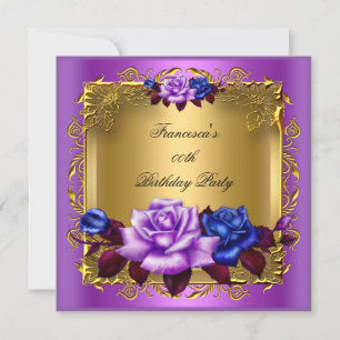 Paars Blauwe Rozen Goud Elegant Verjaardagsfeestje Kaart