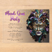 Paars | Blauwgroen Maskerade Masker Mardi Gras Par Acryl Uitnodigingen (Voorkant)