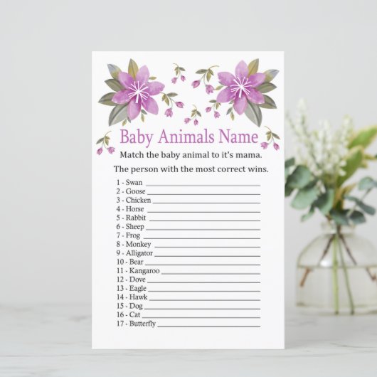 Paars bloemen Baby Dieren Naam Game (Staand voorkant)