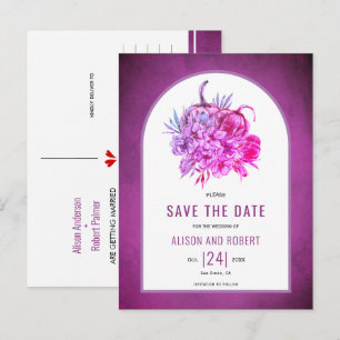 Paars bloemen en pompoenen Sla de datum op Briefkaart