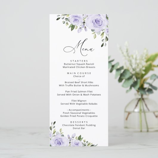 Paars bloemen, Lila bloemen, Florale bruiloft Menu (Staand voorkant)