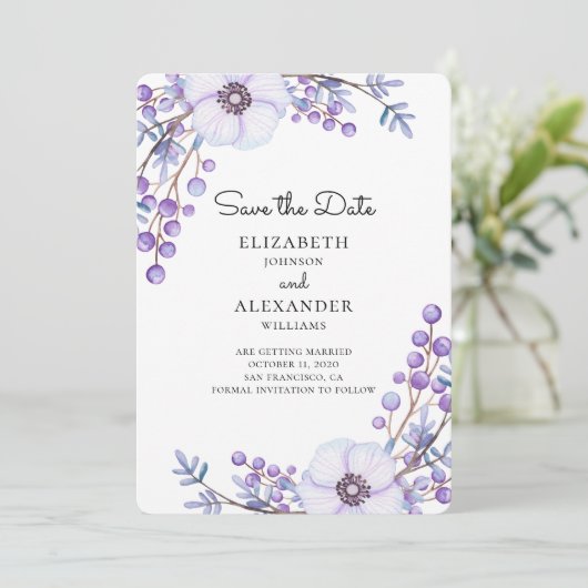 Paars bloemen redden de datum. Botanische bruiloft Kaart (Staand voorkant)